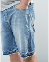 Asos Plus Slim Denim Shorts In Mid Wash Blue With Cut And Sew Detail