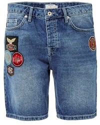 Topman Slim Fit Denim Shorts With Patches