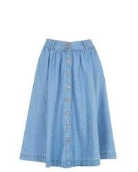 Exclusives New Look Blue Denim Button Up Midi Skater Skirt