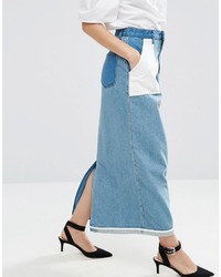 Asos Denim Reversed Slim Midi Skirt In Mid Wash Blue