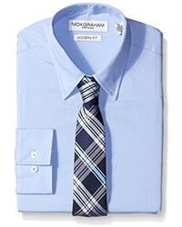 Nick Graham Everywhere Light Blue Solid Dress Shirt With Navy Plaid Tie