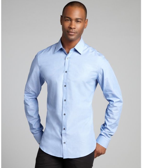 Gucci Light Blue Crosshatch Cotton Spread Collar Dress Shirt | Where