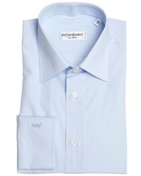 Yves Saint Laurent Light Blue And White Microstripe Cotton Point Collar Dress Shirt