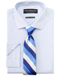 Nick Graham Light Blue Micro Check Dress Shirt Navy Stripe Tie Set