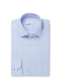 Etro Light Blue Slim Fit Paisley Embroidered Striped Cotton Poplin Shirt