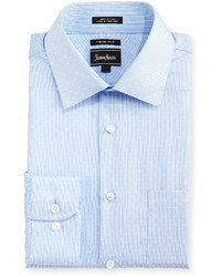 Neiman Marcus Trim Fit Regular Finish Striped Dress Shirt Light Blue