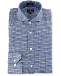 Neiman Marcus X Trim Fit Textured Dot Dress Shirt Blue