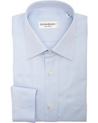Saint Laurent Yves Light Blue Micro Herringbone Cotton Topazio Point Collar Dress Shirt
