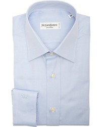 Saint Laurent Yves Light Blue Micro Herringbone Cotton Topazio Point Collar Dress Shirt