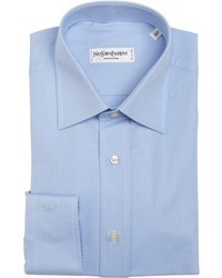 Saint Laurent Yves Light Blue Textured Cotton Point Collar Dress Shirt