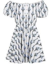 Caroline Constas Bardot Off The Shoulder Embroidered Cotton Mini Dress Blue