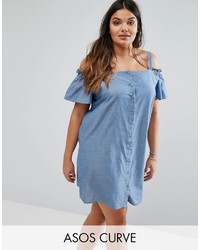 Asos Curve Curve Cold Shoulder Button Through Sundress In Chambray