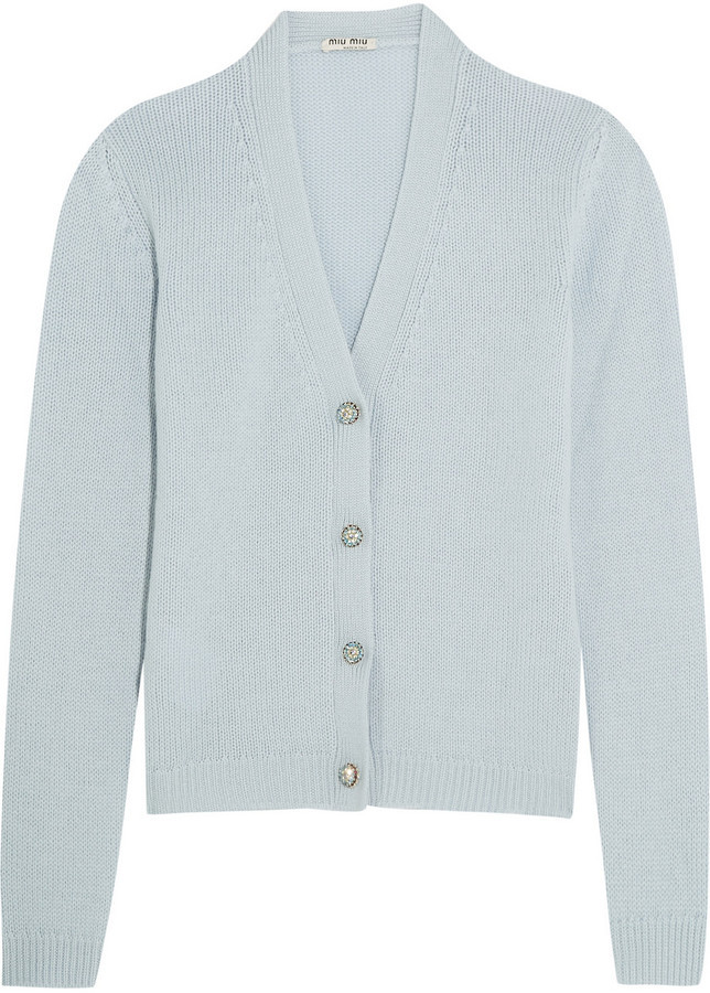 Miu Miu Crystal Embellished Cashmere Cardigan Sky Blue, $1,355 ...