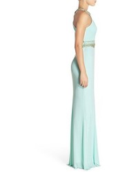 Faviana Embellished Jersey Gown Size 2 Blue