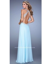 La Femme Embroidered Halter Cut Out Prom Gown