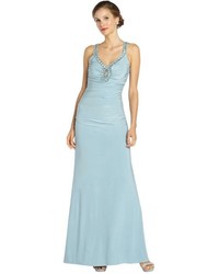LM Collection Mist Blue Stretch Woven Embellished V Neck Gown