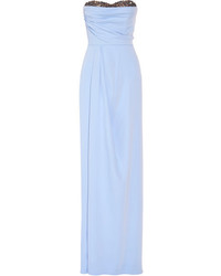 Marchesa Notte Strapless Bead Embellished Crepe Gown Light Blue