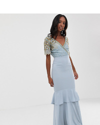 Virgos Lounge Tall Plunge Front Embellished Tiered Maxi Dress With Train In Ice Blue