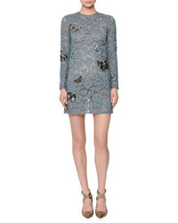 Valentino Butterfly Embellished Lace Mini Dress Pale Blue