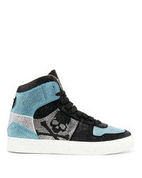 Light Blue Embellished Leather High Top Sneakers