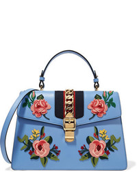 Gucci Sylvie Medium Chain Embellished Appliqud Leather Tote Blue
