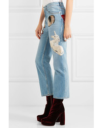 Alexander McQueen Obsession Embellished Cropped High Rise Slim Leg Jeans Mid Denim