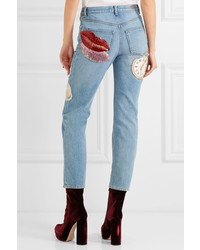 Alexander McQueen Obsession Embellished Cropped High Rise Slim Leg Jeans Mid Denim