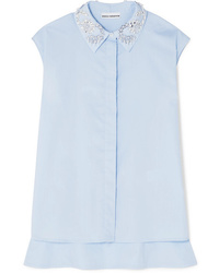 Light Blue Embellished Sleeveless Button Down Shirt
