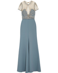 Jenny Packham Embellished Crepe Tulle And Lace Gown Blue