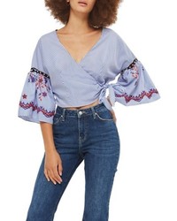 Topshop Embroidered Stripe Wrap Top