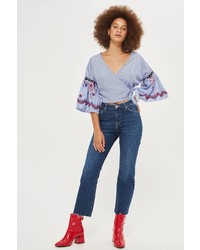 Topshop Stripe Embroidered Wrap Crop Top