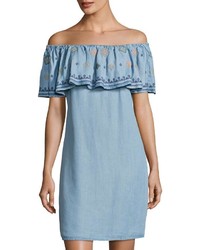 Light Blue Embroidered Chambray Dress