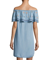 Neiman Marcus Embroidered Ruffle Off The Shoulder Dress Blue