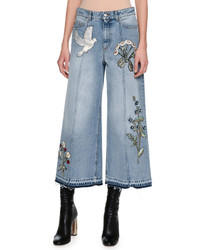 Alexander McQueen Embroidered Denim Culottes With Released Hem Blue