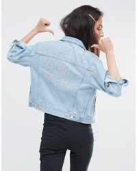 Asos Denim Western Jacket In Light Stone Wash Blue With 2nd Chance Embroidery