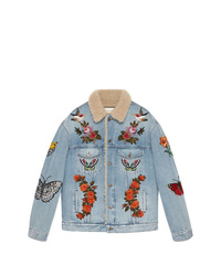 embroidered denim jacket with shearling