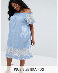 Light Blue Embroidered Denim Off Shoulder Dress