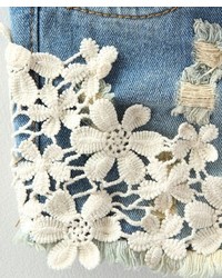 ChicNova Washed Denim Shorts With Crochet Lace Flower Details