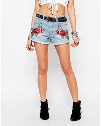 Young Bohemians Denim Shorts With Floral Patches