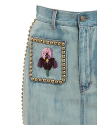 Gucci Studded Embroidered Cotton Denim Skirt