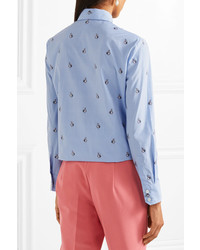Gucci Bow Embellished Embroidered Striped Cotton Shirt Sky Blue