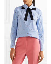 Gucci Bow Embellished Embroidered Striped Cotton Shirt Sky Blue