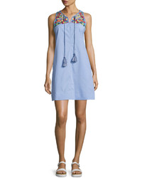Neiman Marcus Tassel Tie Embroidered Dress Blue