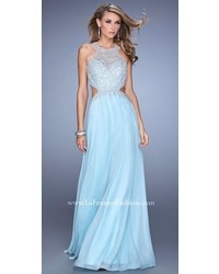 La Femme Embroidered Halter Cut Out Prom Gown