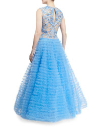 Naeem Khan Nem Khan Sleeveless Embroidered Bodice Ball Gown French Blue
