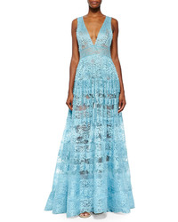 Elie Saab Sheer Backless Lace Gown Sea Mist