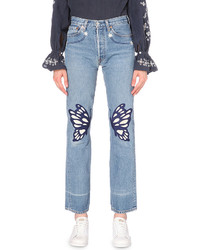 Bliss And Mischief Flutter Embroidered Straight High Rise Jeans