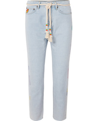 Mira Mikati Cropped Embroidered High Rise Straight Leg Jeans