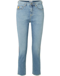 Mira Mikati Cropped Embroidered High Rise Straight Leg Jeans