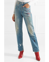 Gucci Embroidered Distressed High Rise Straight Leg Jeans